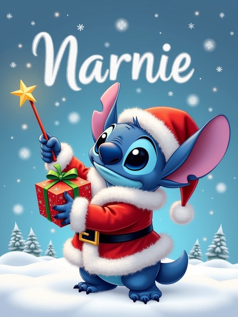 Stitch dressed in a Santa outfit uses a wand to write 'Narnie' in the sky. Stitch holds a Christmas present labeled 'Nikolka'. Snowy background enhances the festive theme.