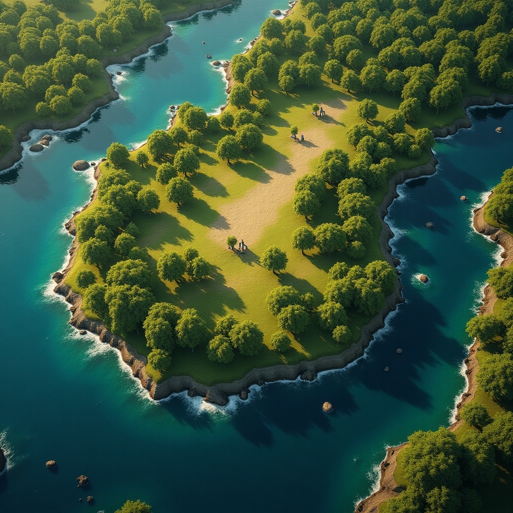 Height map created for landscape visualization. Aerial view of a lush green island surrounded by water. Trees and shadows highlight the topography. Smooth contours and natural colors represent hills and valleys. Suitable for 3D modeling use.