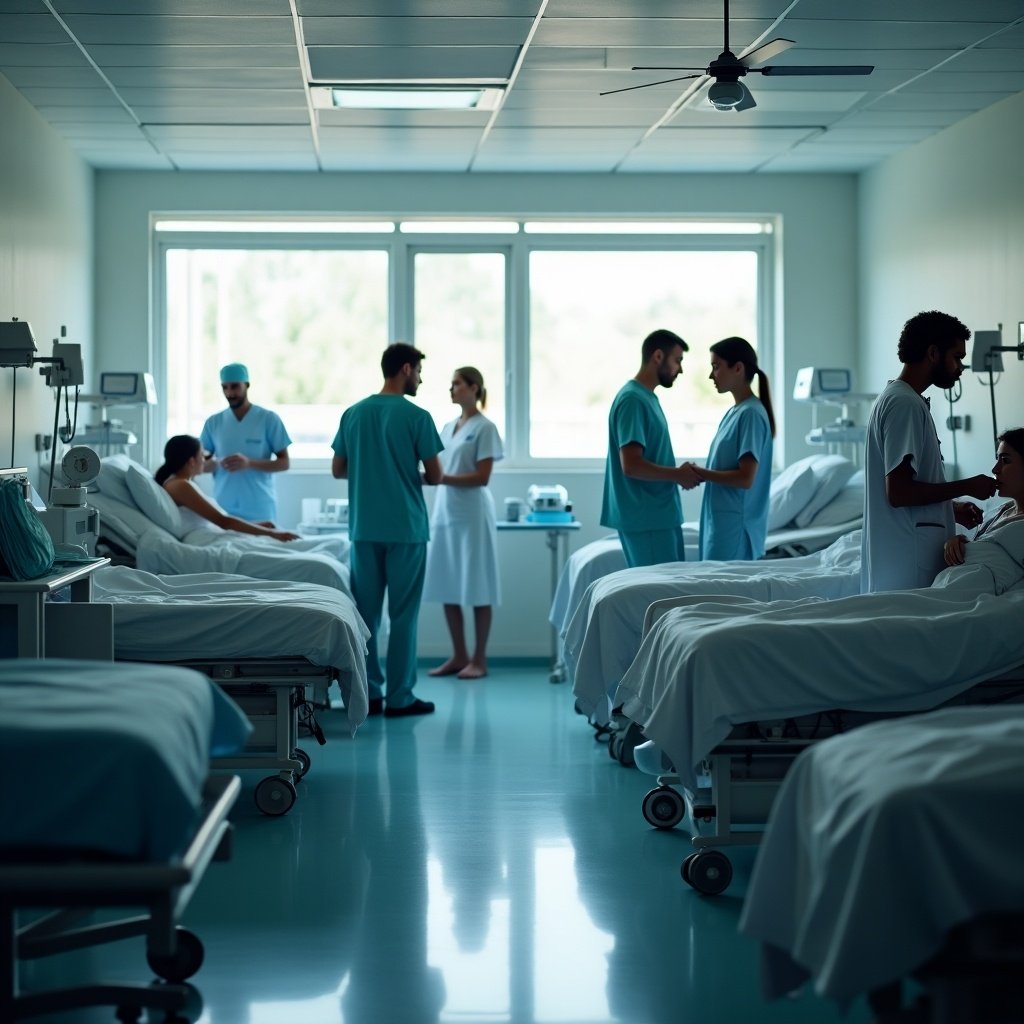 Hospital scene with patients and healthcare professionals in a medical room. Staff in scrubs attending to patients. Bright and clean environment with large windows.