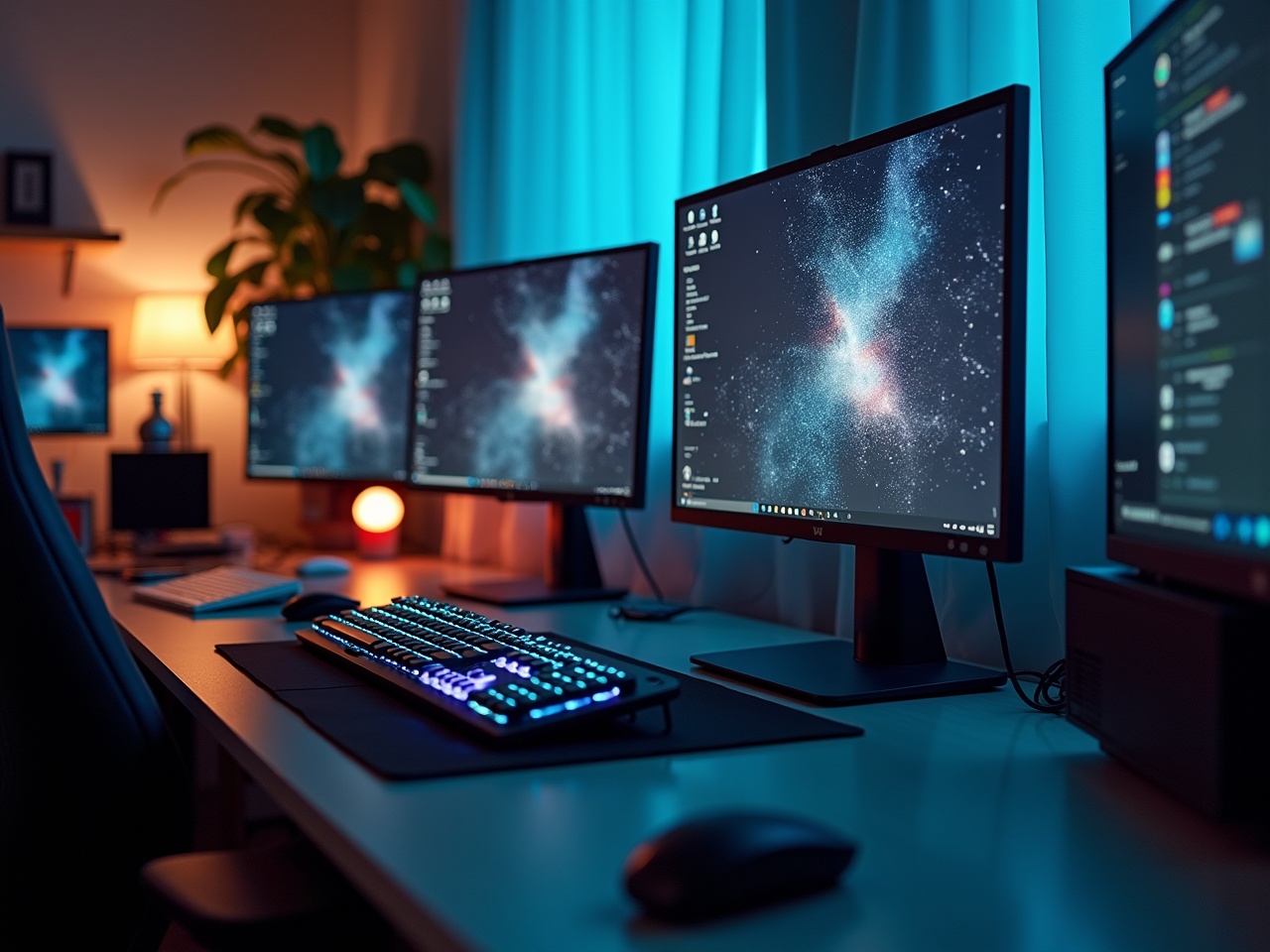 This image showcases a modern computer workstation featuring multiple monitors and an illuminated RGB keyboard. The setup includes a sleek laptop and a stylish desk arrangement, creating an inviting tech environment. The monitors display a starry night backdrop, enhancing the aesthetic appeal of the workspace. Soft blue ambient lighting adds to the atmosphere, providing a calming and focused environment. This setup is ideal for gamers, content creators, and tech enthusiasts looking for inspiration in their workspace design.