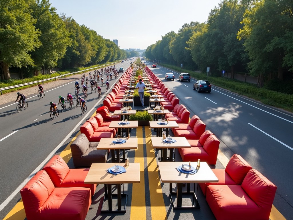 An innovative dining experience is taking place on a wide urban road where red sofas and tables are arranged in a long line. The setting includes elegant table settings with plates and glasses, suggesting a high-end dining event. Cyclists are seen riding alongside this extraordinary setup, highlighting the use of public space for community interaction. The bright daylight adds a vibrant ambiance, making the scene lively. This unique combination of outdoor dining and cycling creates an engaging visual spectacle. The greenery on the sides enhances the beauty of the urban landscape.