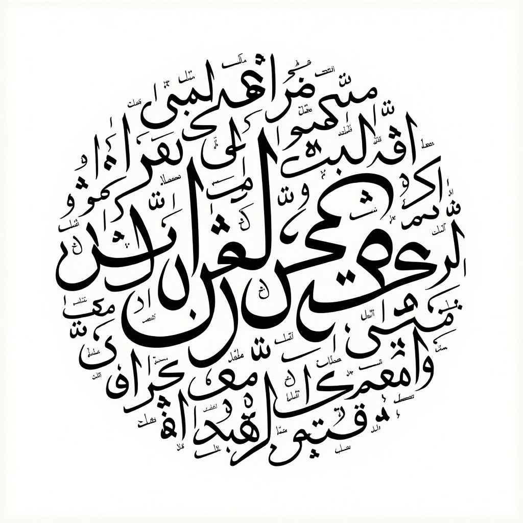 Handwritten Arabic calligraphy in circular shape. Contains names أَبُو جَعْبَانِ الْكُرْدِيِّ. Design fills the area completely.