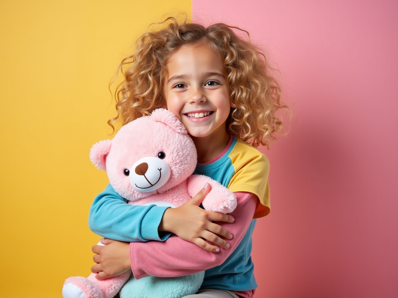 The image features a cute 10-year-old girl with curly blonde hair. She is wearing a colorful outfit layered with different clothes, showcasing a vibrant fashion sense. In her arms, she holds a soft pink and white teddy bear tightly, radiating joy and warmth. The background is a vibrant gradient of yellow and pink, enhancing the playful atmosphere around her. The girl's expression showcases her happiness, making the image delightful and charming.