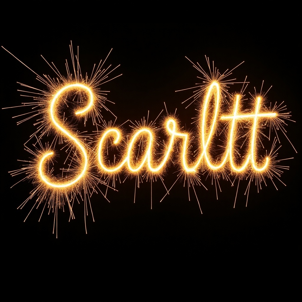 The image features the name 'Scarlett' elegantly written in swirly gold letters. It looks as if it has been crafted using a sparkler, giving it a warm and festive feel. The background is completely black, allowing the bright gold sparkles to stand out vividly. This creates a playful and celebratory atmosphere, perfect for festive occasions. The letters are illuminated with a sparkling effect, drawing attention and evoking joyous emotions.