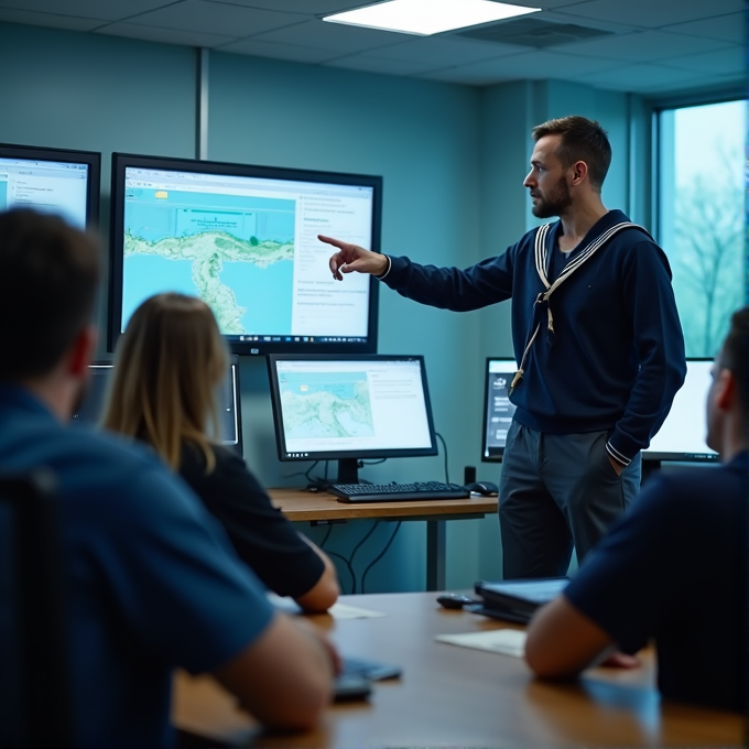 A man in a navy blazer points at a map on a large monitor while several people sit and listen in an office setting.