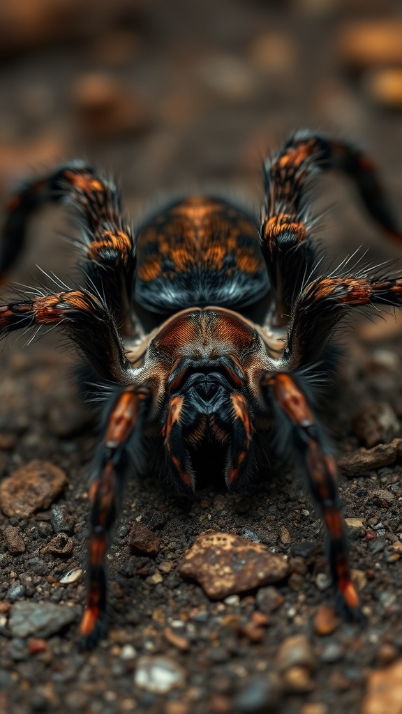 A close-up view of a vividly colored tarantula on a rocky surface.