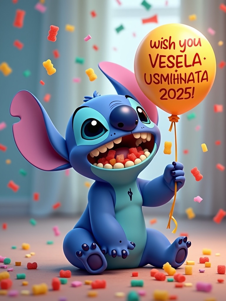 A blue alien character named Stitch is joyful. Stitch is sitting down with a wide smile, showing his teeth. Gummy bears are being thrown in the air with one hand. The other hand holds a balloon that says Wish you VESELA USMIHNATA 2025. A colorful array of confetti is visible. The scene feels festive and happy.