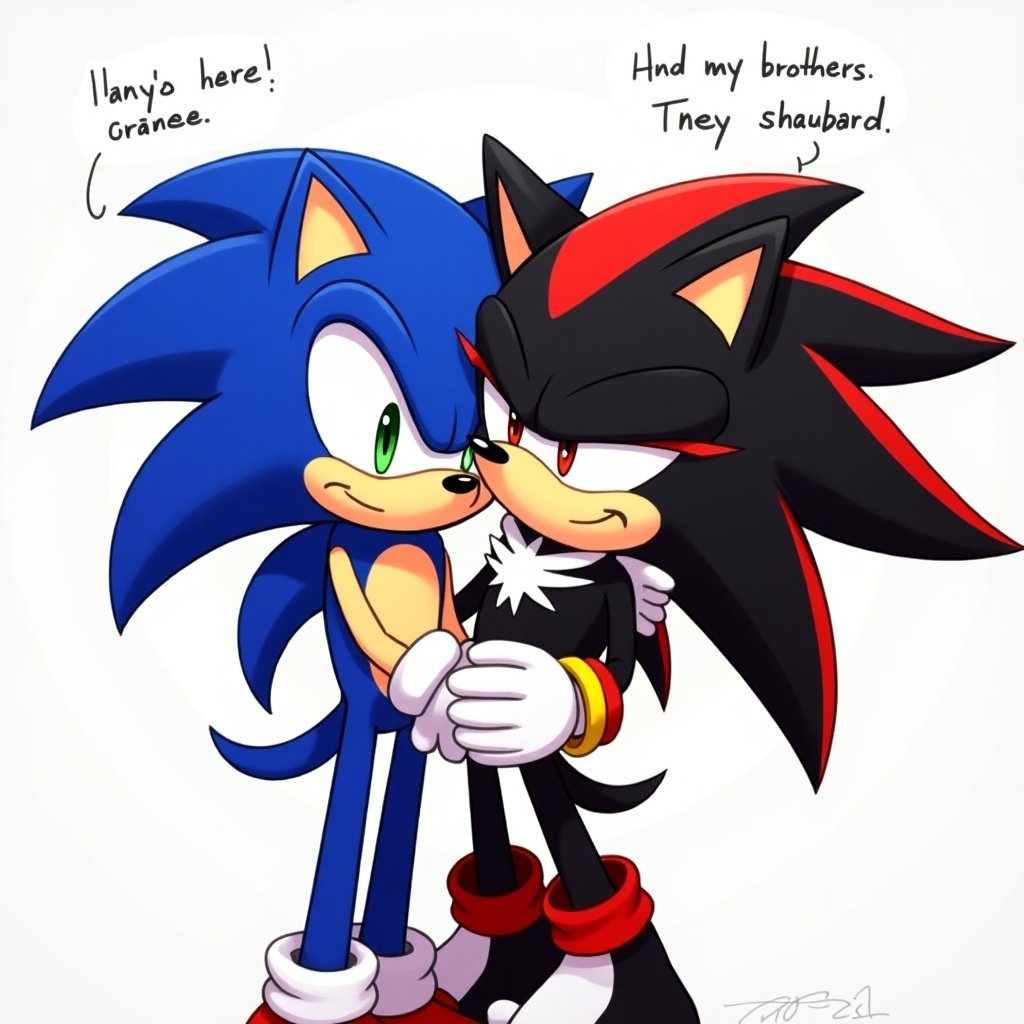 Two Sonic characters depicted as brothers. Sonic rests his face on Shadow's chest. Sonic shows emotion and is crying. Shadow has a solemn expression. They hold an object together to emphasize their bond.