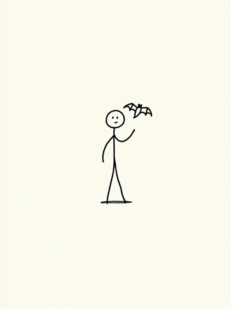 Minimalistic doodle illustrating a stick figure with a round head. Stick figure holds a bat and expresses positivity. Simple lines and shapes evoke ambition. Design symbolizes commitment and motivation through a cheerful expression.