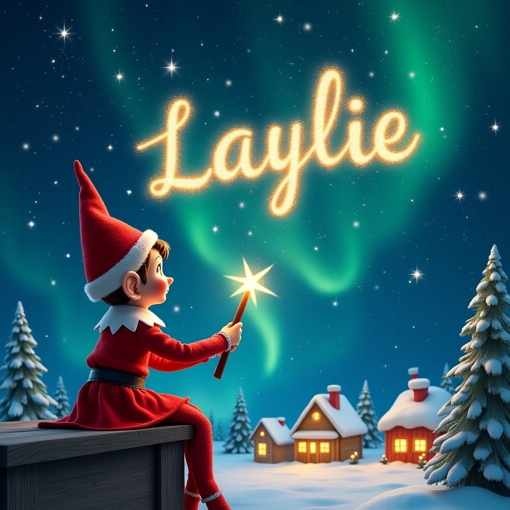 An elf writes names in a magical night sky. The elf is on a ledge, dressed in red with a pointed hat. It holds a wand creating shimmering letters. Below is a snowy landscape with houses and trees, illuminated by Northern Lights. The atmosphere is rich in childhood magic and Christmas spirit.