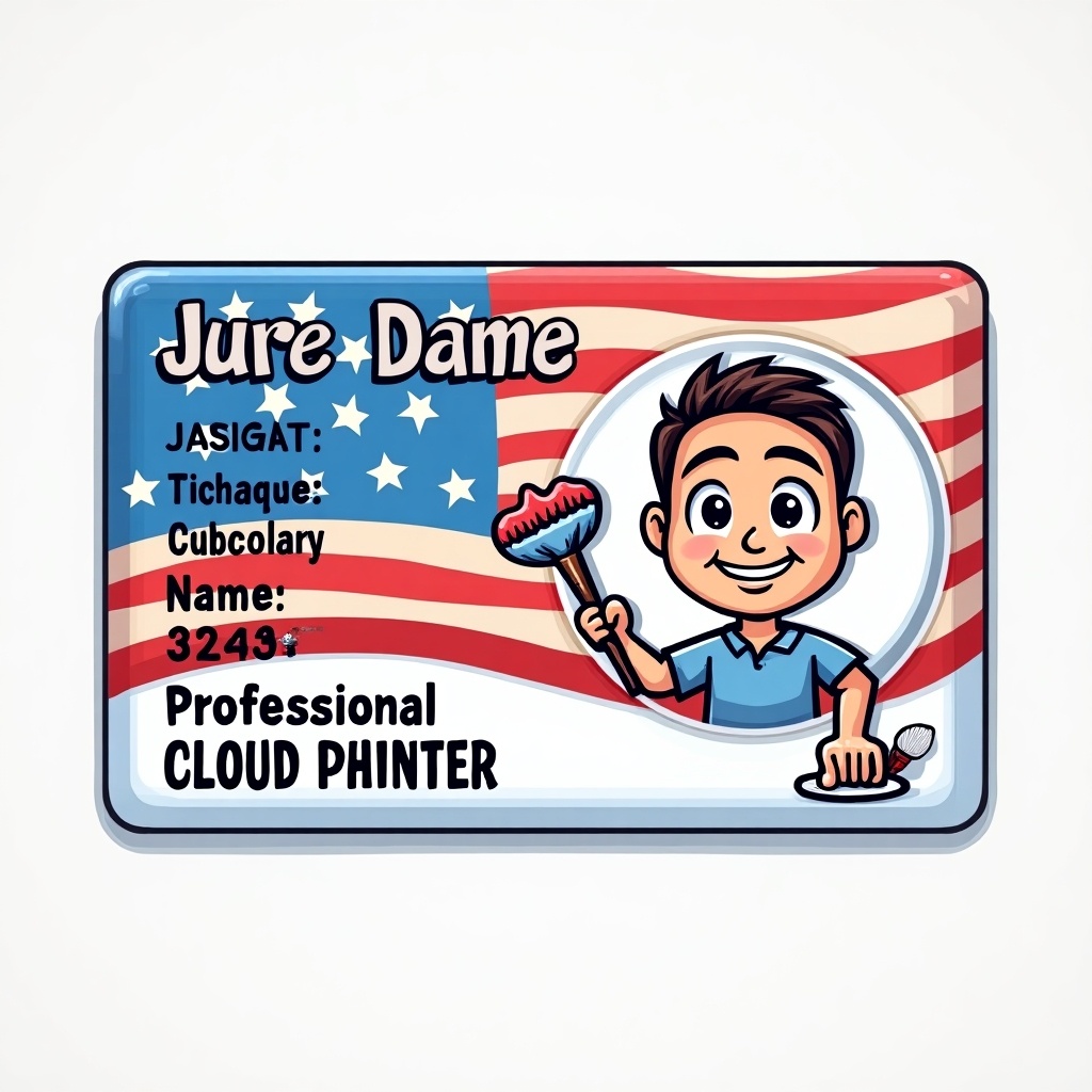 This image depicts a novelty ID card themed with the American flag. It features a cartoon character named Jure Dame, who is joyfully holding a paint roller. The background is vibrant, showcasing the iconic stars and stripes of the American flag. The ID includes fictional details like 'Professional Cloud Phinter.' This card is ideal for themed parties or events. It employs a playful design to entertain and engage viewers.