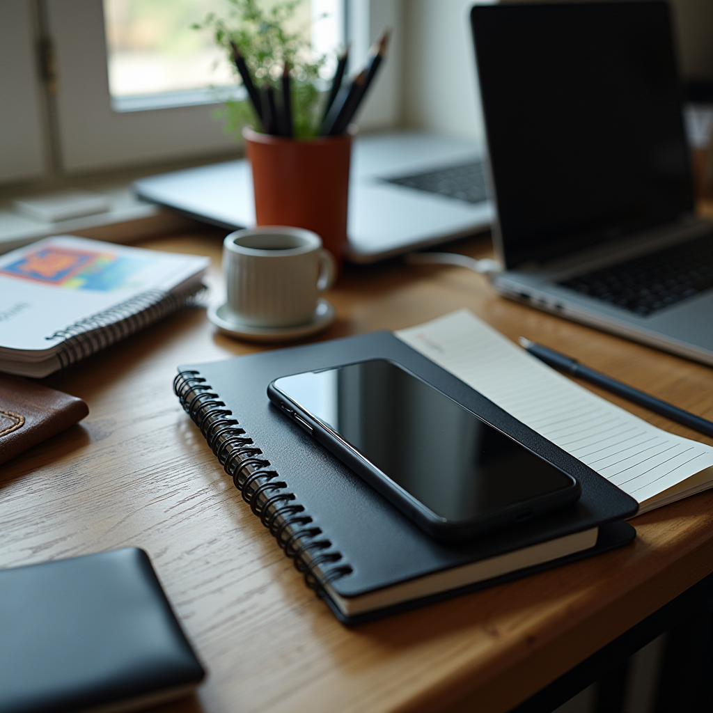 A tidy desk with notebooks, a smartphone, a laptop, a cup of coffee, and a potted plant.