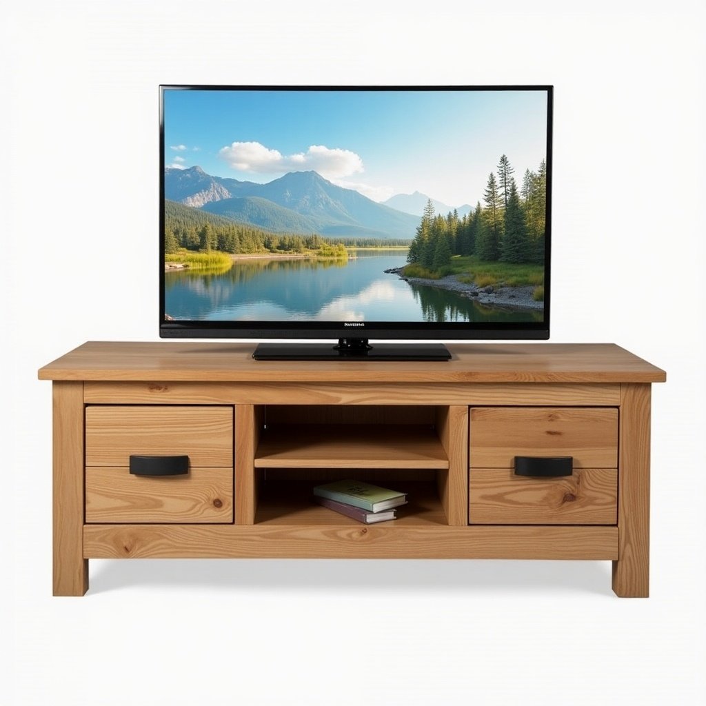 This image showcases a solid wood TV stand with a premium finish, emphasizing durability and style. The stand features two drawers, perfect for hidden storage of items such as remotes and cables. An open shelf below presents a practical place for media devices or decorative items. The television on top displays an inspiring mountain landscape scene, enhancing the home's cozy atmosphere. The overall design is versatile enough to fit rustic, modern, or farmhouse interiors. This furniture piece serves as both a functional storage solution and a stunning decor element in any living space.