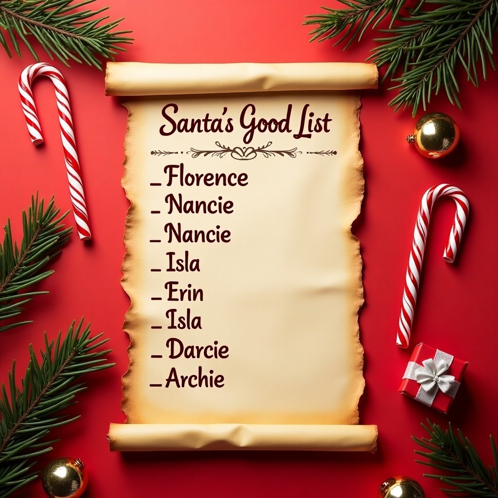 The image showcases a parchment scroll displaying Santa's good list, set against a vibrant red background. Decorative elements like candy canes, pine branches, and shiny Christmas ornaments surround the scroll. The scroll has an aged appearance with slightly burned edges, enhancing its vintage feel. The names on the list include Florence, Nancie, Isla, Erin, Darcie, and Archie, written in a charming font. Additional touches include shiny baubles and a small gift box, contributing to a complete festive atmosphere.