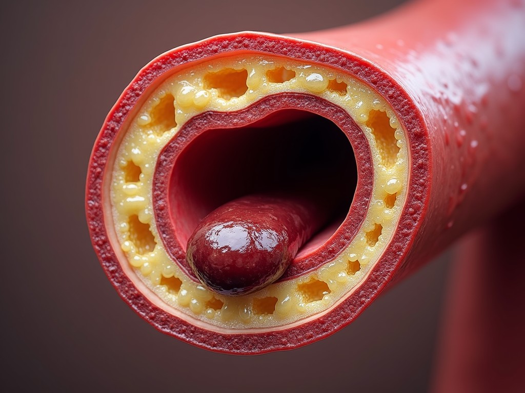 The image depicts a detailed cross-section of a clogged artery, showcasing various layers, including cholesterol build-up. The vibrantly colored and textured artery wall contrasts with the yellowish plaque deposits, creating a visually striking representation. The image effectively illustrates the concept of cardiovascular health challenges.