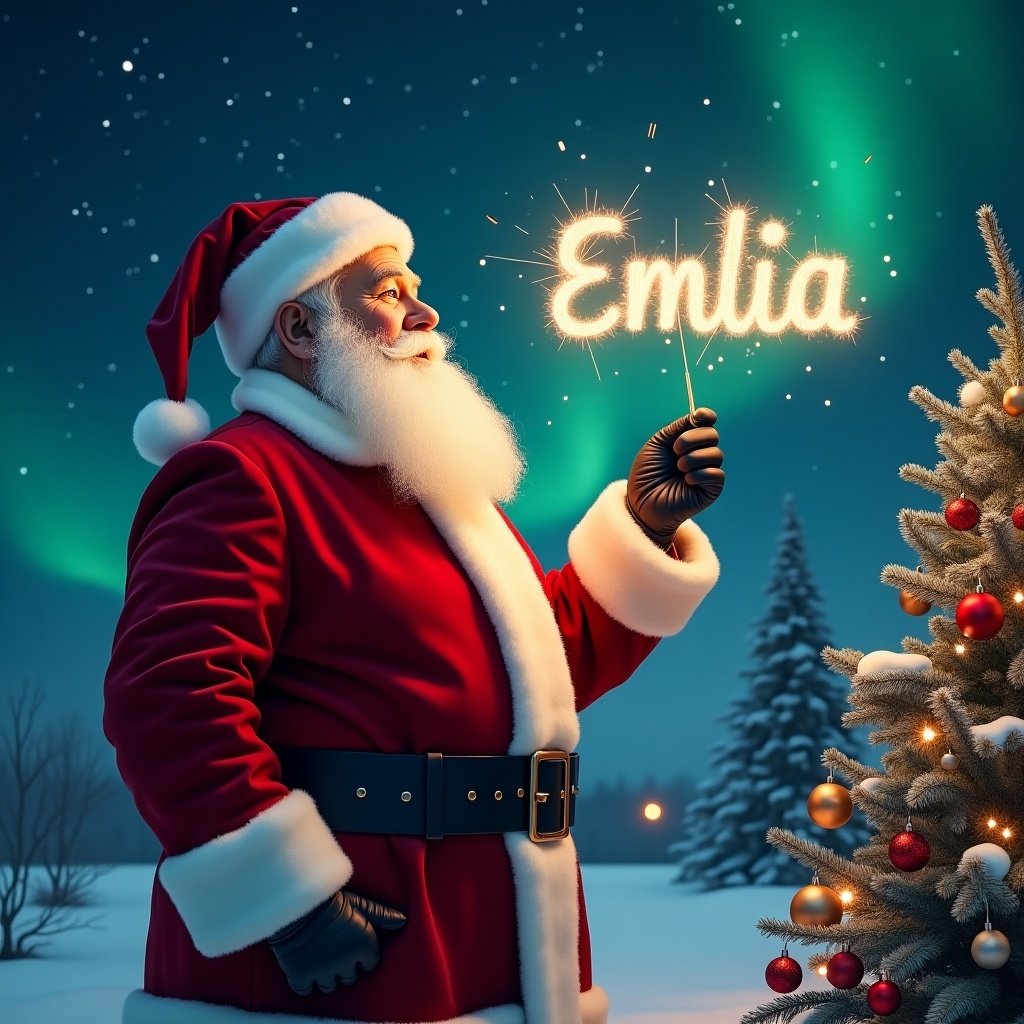 Realistic Santa in classic red and white suit. Writing Emilia with sparkler in night sky. Northern lights seen. Decorated Christmas tree present.