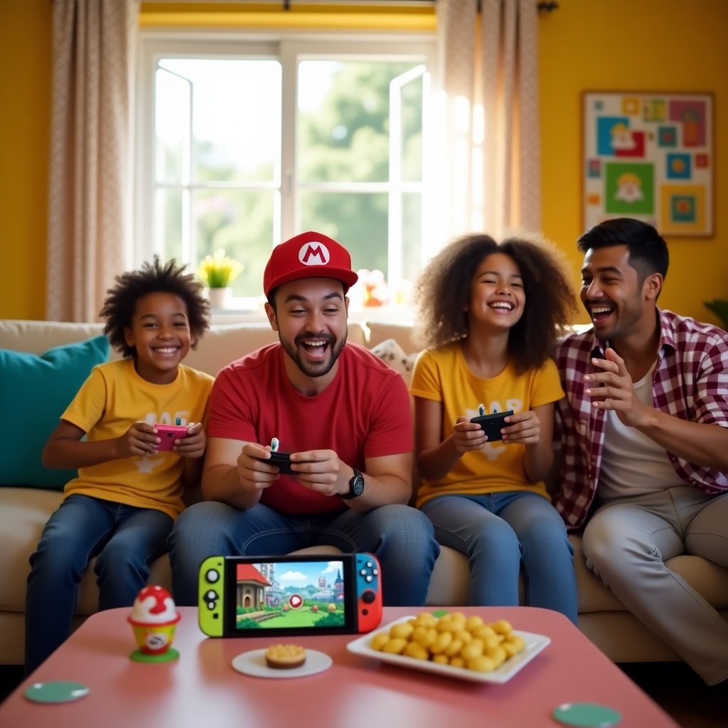 Family engaging in a fun gaming session on the Nintendo Switch. Kids play Mario Party while snacking. Bright living room environment with natural light.