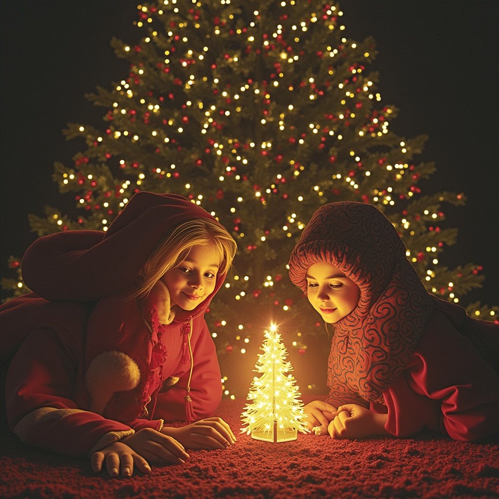 A Christmas-themed image featuring two individuals near a small illuminated tree. The background is adorned with festive lights. Cozy holiday atmosphere is captured.