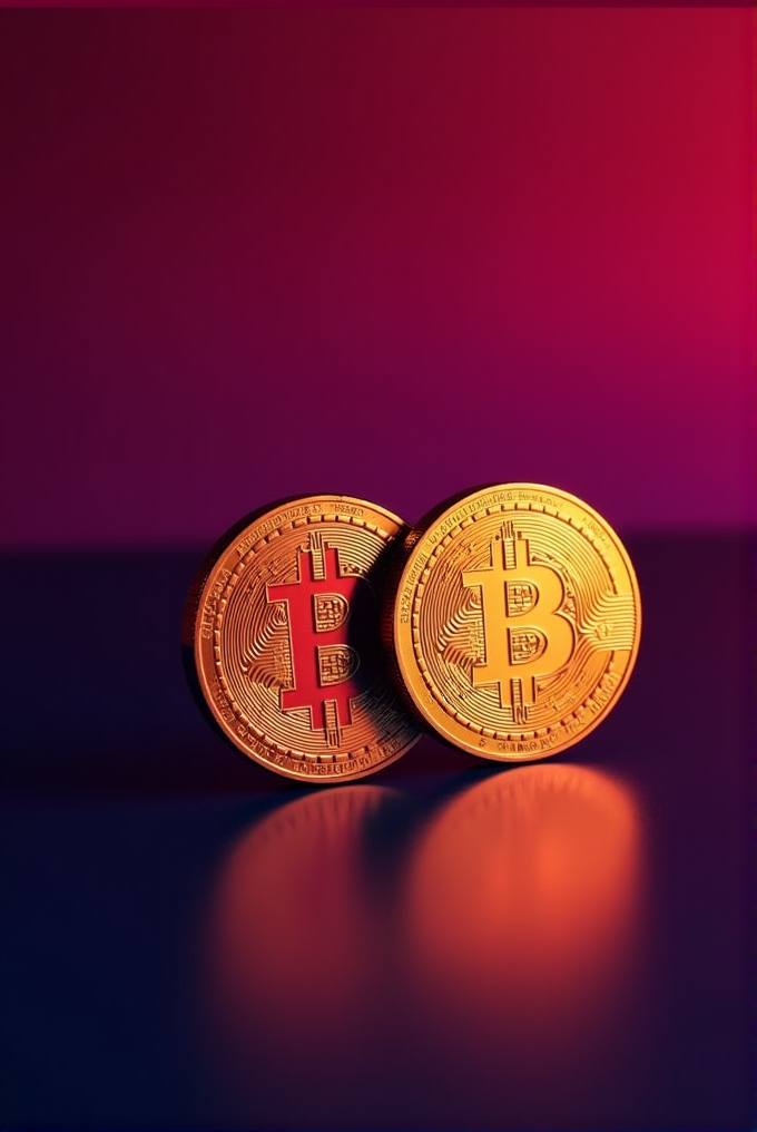 Two Bitcoin coins shine against a vibrant red and purple gradient background.