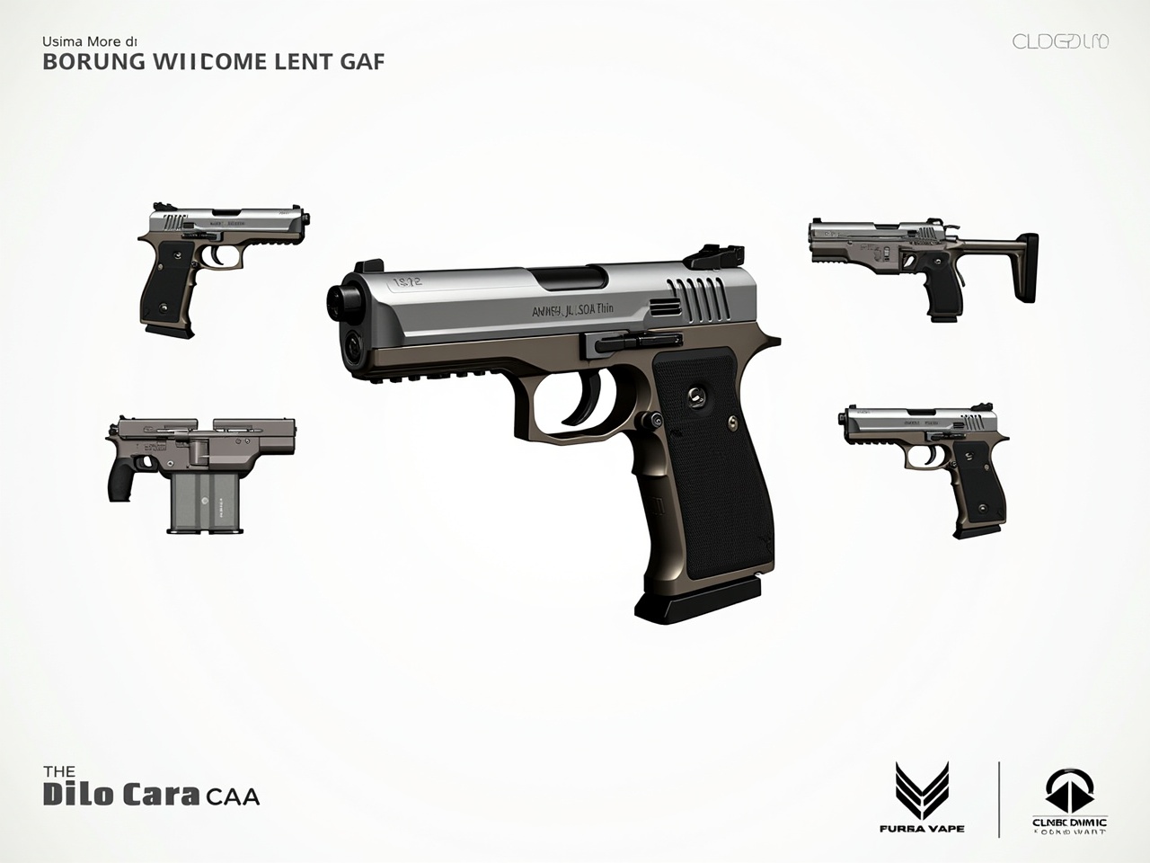 This image features a detailed illustration of a modern handgun. The central focus is on a sleek and tactical handgun shown in profile. Surrounding this main weapon are smaller images that display different angles and customizations. The color scheme includes metallic shades and black accents to emphasize realism. This artwork is ideal for use in video game design or in merchandise that targets military enthusiasts.