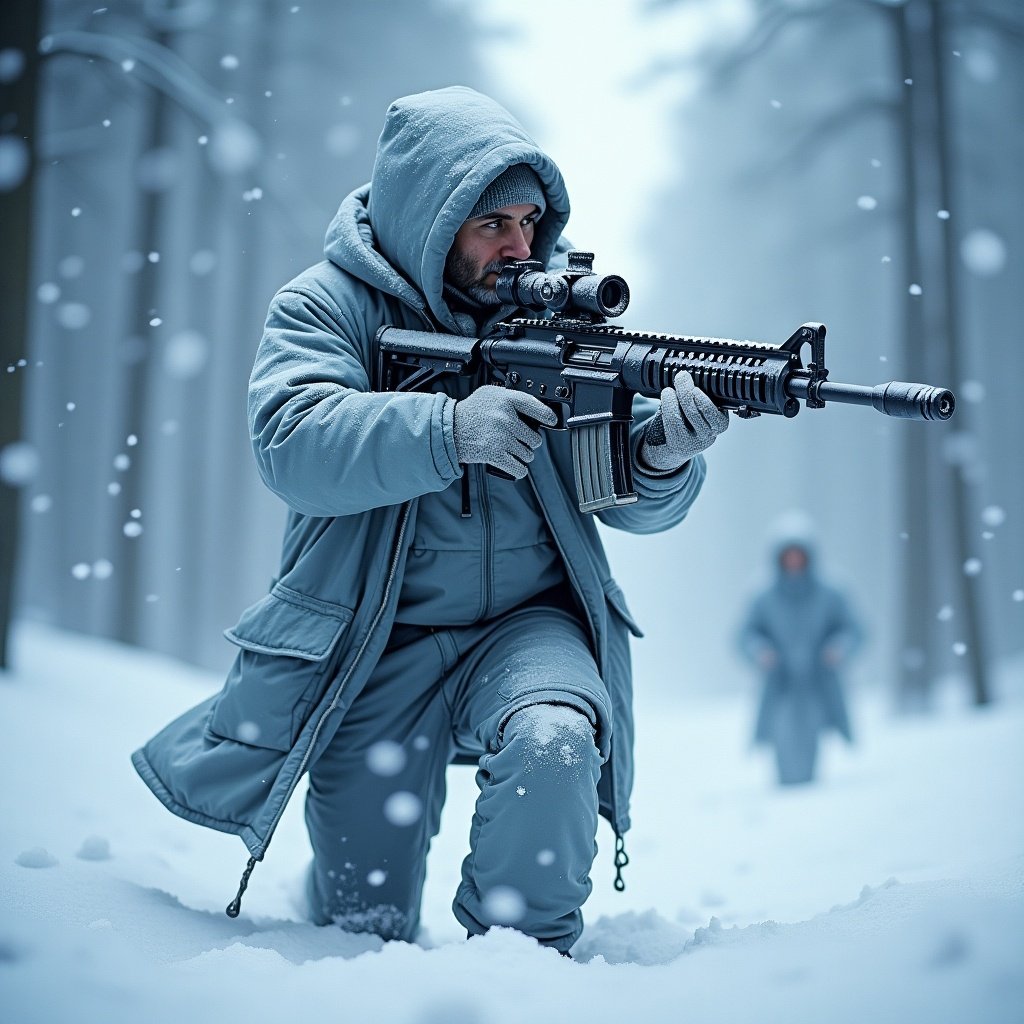 Image of a soldier in winter gear using a sniper rifle in a snowy forest. Focus on tactical posture and winter environment. Snow falling creates atmosphere. Another figure walks in the background, also in winter gear.