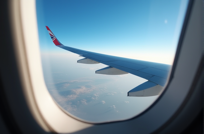 View from an airplane window showing the wing against a clear blue sky.