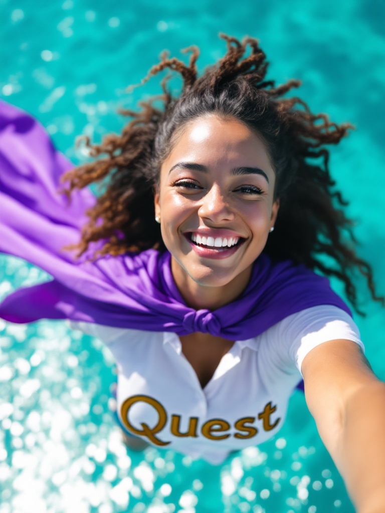 Image shows a joyful Latin female daycare teacher soaring high over the Caribbean Sea. She wears a vibrant purple cape and a crisp white shirt with the word Quest embroidered in gold. The turquoise waters sparkle beneath her while a clear blue sky surrounds her. Her expression conveys happiness and inspiration, representing the joy of teaching and exploration.