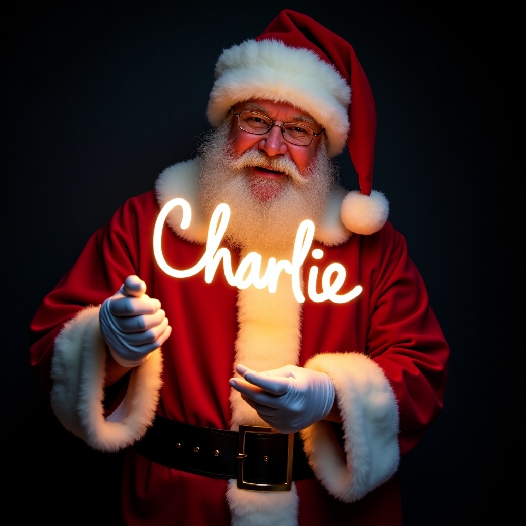 This image features Santa Claus wearing his traditional red and white suit. He is holding a glow stick that forms the name 'Charlie' in bright light. Santa's expression is jolly, exuding warmth and holiday cheer. The background is dark, enhancing the glow of the text. This festive scene captures the magic of Christmas and the joy of the season.