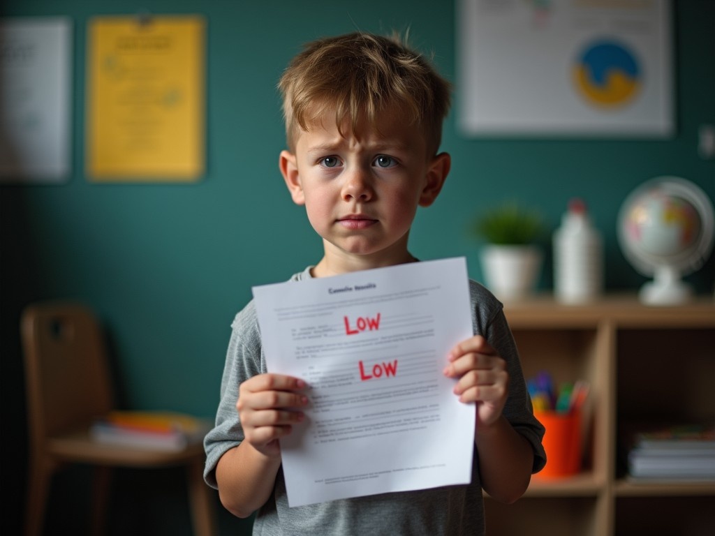 The image depicts a young boy looking distressed while holding a paper marked 'Low'. His expression conveys worry and disappointment, reflecting the emotional impact of poor exam results. The background is a cozy classroom setting with educational posters, creating a relatable atmosphere for parents and educators. The use of soft lighting enhances the somber mood. This scene captures the moment an academic setback affects a child, resonating with anyone who has experienced similar emotions during their education.