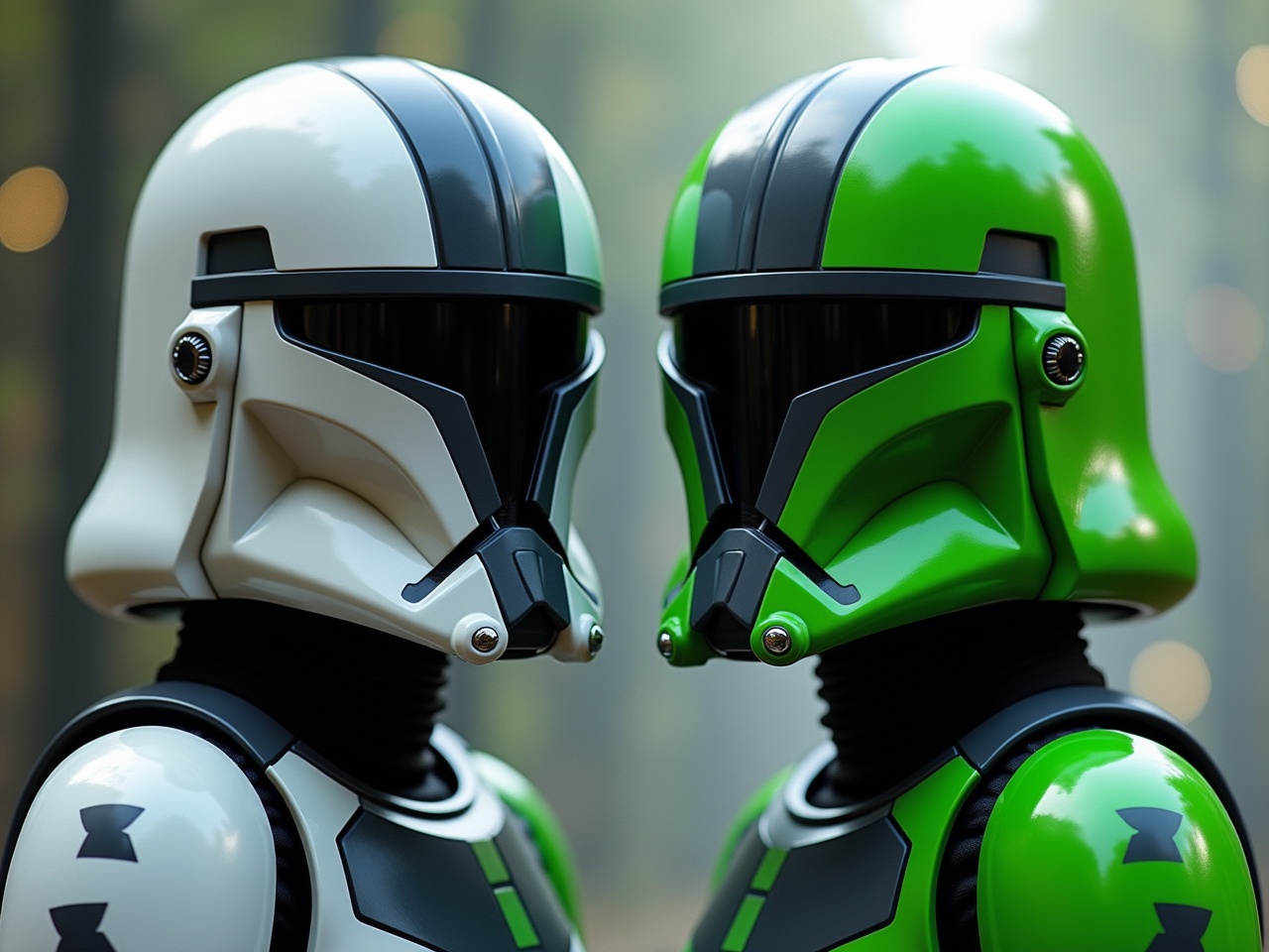 This image features two clone trooper helmets prominently displayed in profile. The helmets are designed in a sharp, modern style, with a neon green and dark grey color scheme, alongside white accents. The background evokes a peaceful forest atmosphere, with soft, diffused lighting enhancing the visual appeal. These helmets represent characters from a popular science fiction franchise, appealing to fans and collectors alike. The close-up focus emphasizes the unique design details of the helmets.