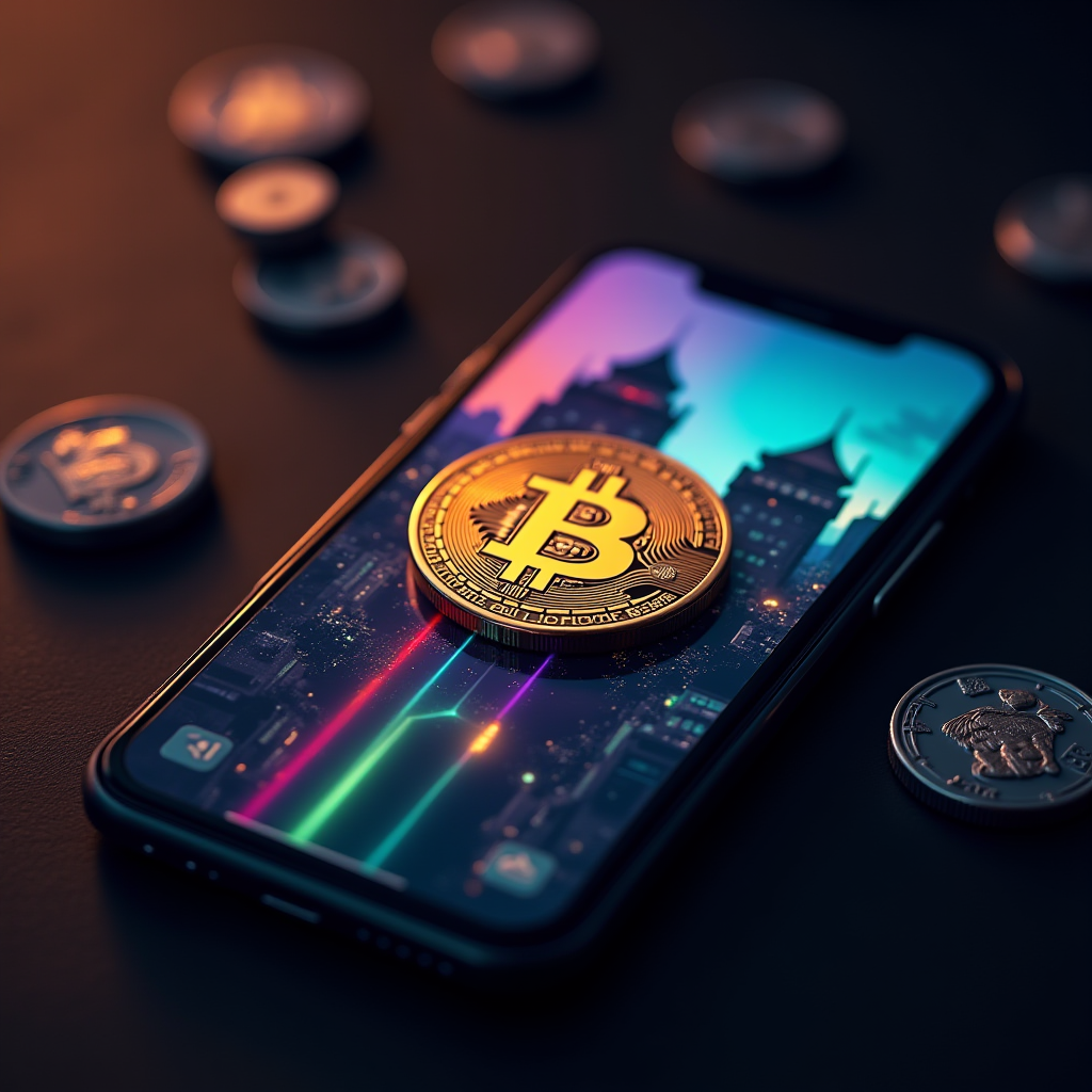 A shiny gold Bitcoin rests on a smartphone displaying a vibrant digital cityscape, surrounded by assorted coins on a dark surface.