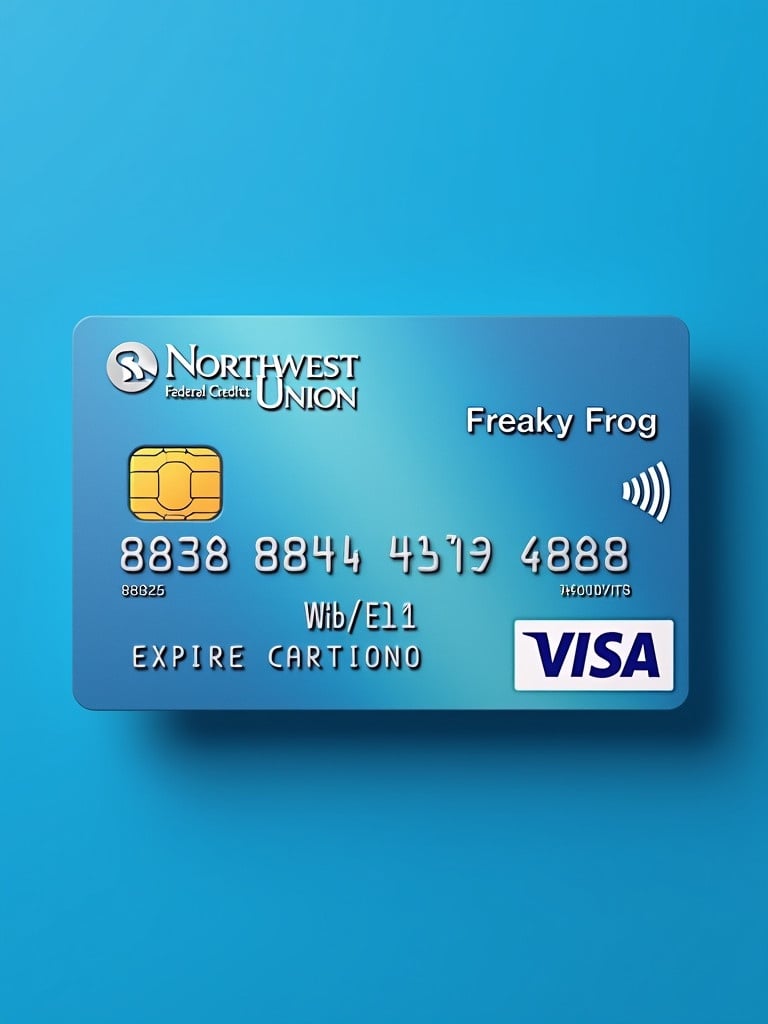 Realistic image of a credit card with details shown. Card displays Visa logo and Northwest Federal Credit Union prominently. Card number 8888 8888 8888 8888 is visible. Name Freaky Frog is aligned well. Expiry date 08/26 is noted. Clean appearance with a blue background.