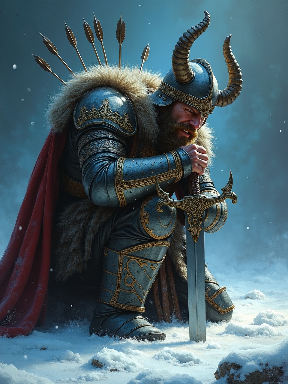 In a serene snow-covered landscape, a Viking warrior is portrayed in a moment of contemplation, kneeling with a firm grip on the hilt of a majestic sword. Clad in ornate armor with a fur cloak, the warrior's helmet is adorned with horns, and arrows are visibly lodged in his back, suggesting a battle's aftermath. The atmosphere is quiet and reverent, augmented by soft, diffused lighting and an imposing northern sky.