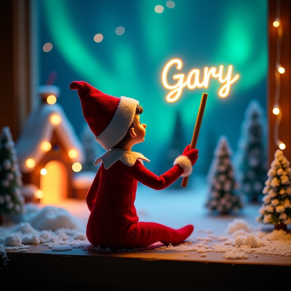 An enchanting Christmas scene featuring an elf on the shelf dressed in red and white. The elf is turned away and gazes at the sky. He wields a magic wand, writing 'Gary' in glowing script. The backdrop includes a decorated Santa's grotto with vibrant northern lights. The scene is filled with festive joy and captures the whimsical essence of the holiday season.