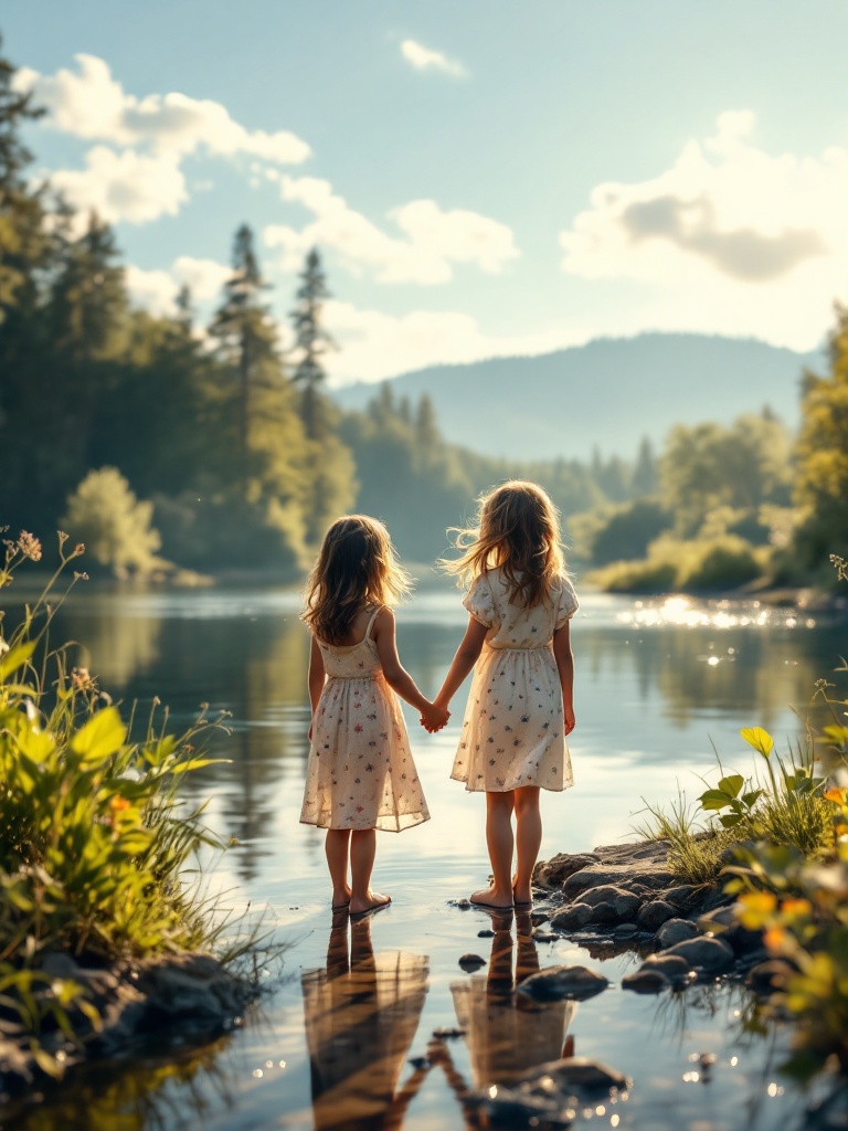 Two four-year-old girls stand hand in hand by a calm river. They gaze at the river's reflective surface where the word 'Quest' appears. They are filled with joy and wonder. The setting is serene with golden sunlight and a gentle breeze. Their hair dances lightly with the wind as they embark on a journey full of excitement and possibilities.