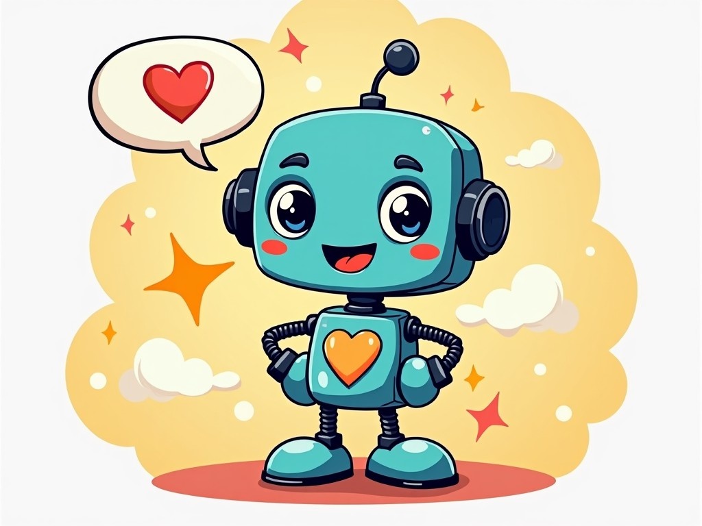 The image features a cute cartoon robot with a bright blue body and a smiling face. It has a heart symbol in the center of its chest, showcasing its friendly nature. Above the robot, there is a speech bubble containing a heart symbol, indicating joy or love. The background is a soft yellow with white clouds and sparkling stars, creating a cheerful atmosphere. The robot is designed with rounded shapes and friendly features, making it appealing to children.