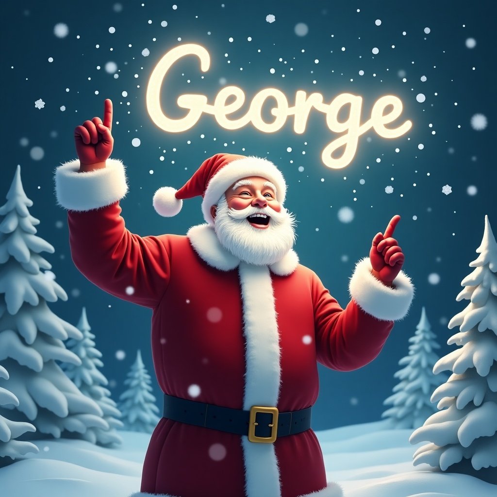 Image depicts a joyful Santa Claus in a winter wonderland. He wears a red suit and white trim. Santa points upward writing a name in the sky. Snowflakes fall around him. Background features snowy trees. George written in glowing letters in the sky.