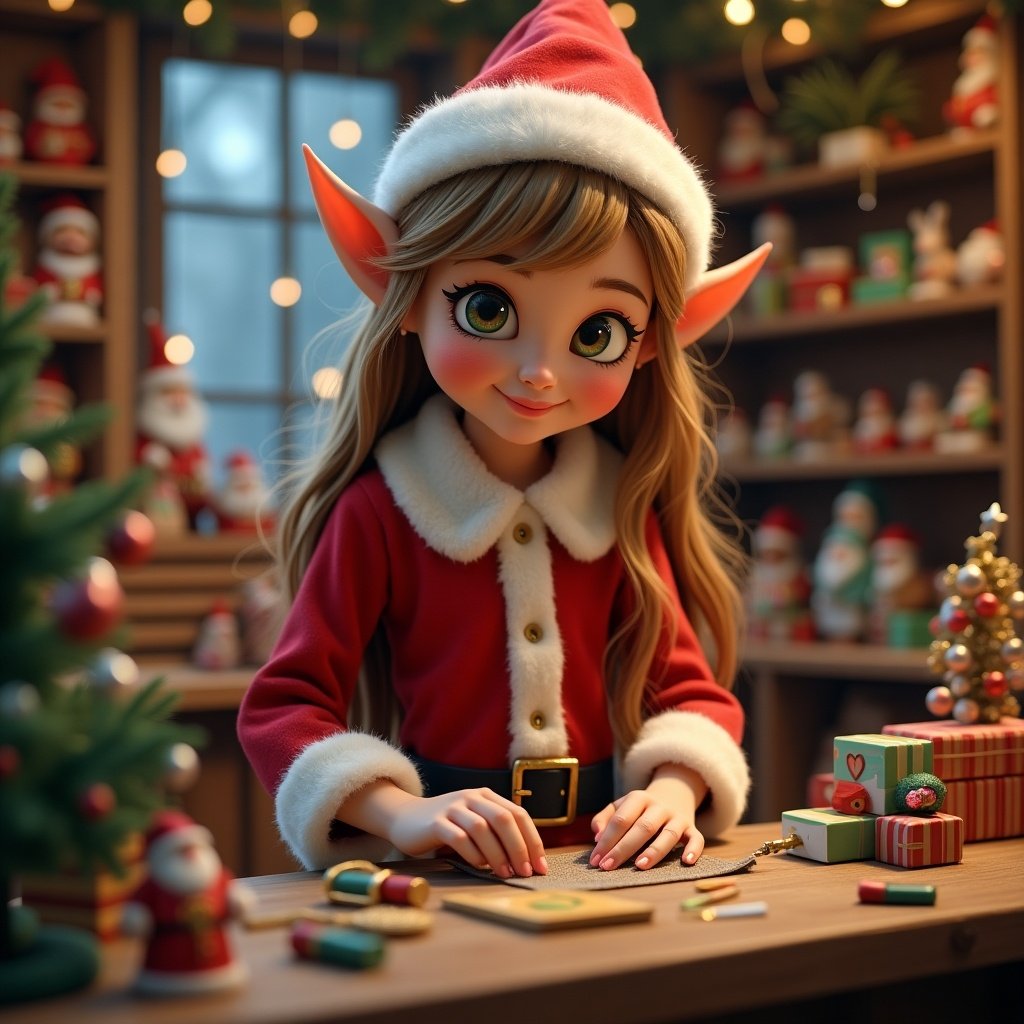 A Christmas elf is creating toys in Santa's cheerful toy shop. The environment is adorned with festive decorations. The elf has long light brown hair and signature pointed ears.