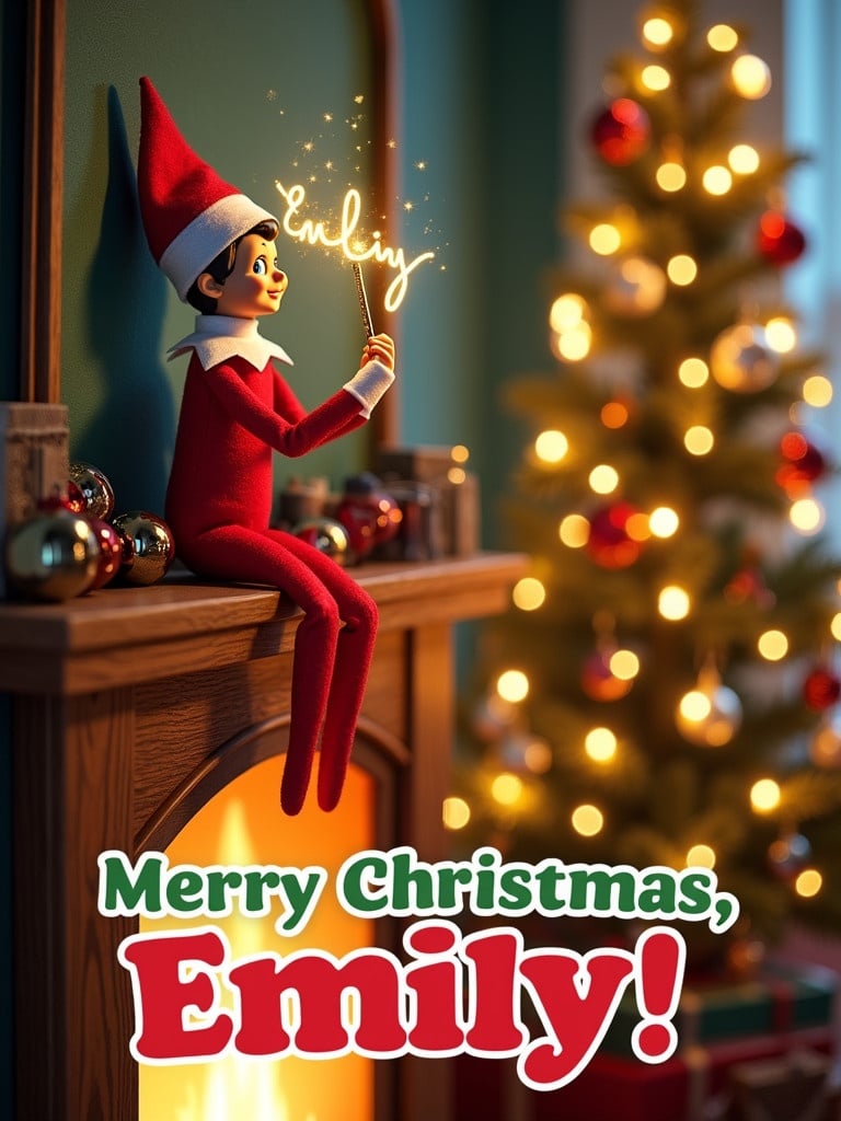 Cheerful Christmas card with Elf on the Shelf on wooden mantle. Elf holds golden quill writing Emily in stardust above glowing fireplace. Behind elf, a decorated Christmas tree sparkles. The words Merry Christmas, Emily! appear in red and green.