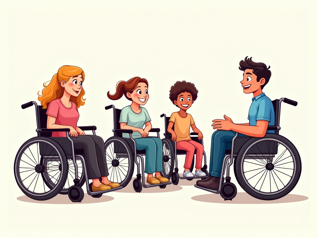 A group of cartoon characters in wheelchairs engaging in conversation. Four individuals, two males and two females. Cartoon style, flat vector illustration. Fun and light-hearted atmosphere. Bright colors used throughout.