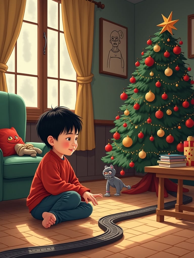 Image of a traditional living room decorated for Christmas. A young Chinese boy is playing with a Scalextric track on the floor. A beautifully adorned Christmas tree is in the background. The scene appears nostalgic and cozy.