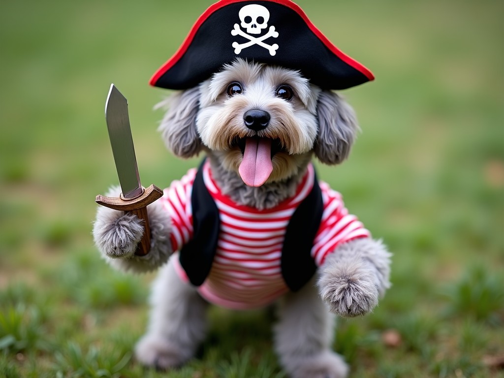 A playful dog dressed as a pirate stands on a grassy area. The dog has a fluffy, gray coat and wears a black pirate hat with a skull and crossbones. It is also adorned in a red and white striped costume with a black vest. The dog playfully holds a toy that resembles a pirate sword. Its tongue is out, showing its cheerful demeanor as it poses happily.