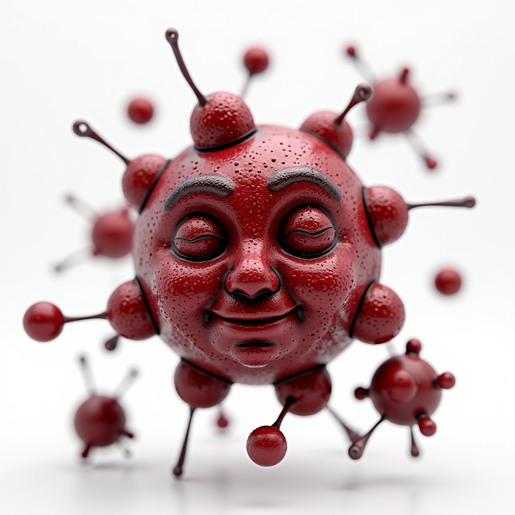 A red spherical sculpture with a smiling face and protruding antennas.