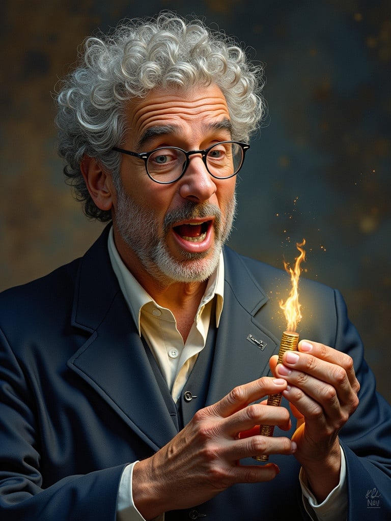 Create an artistic portrait of a rabbi with curly hair holding a lighter that produces a flame. The rabbi wears a dark suit with a white shirt. Focus on the light from the lighter and the textures of the fabric.