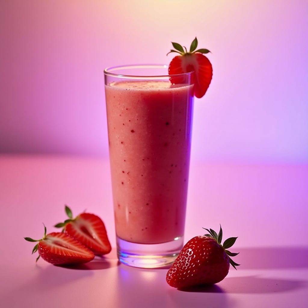 Light red smoothie in a glass with strawberries. Bright background with purple lights. Smoothie appears creamy and refreshing. Strawberries placed nearby.