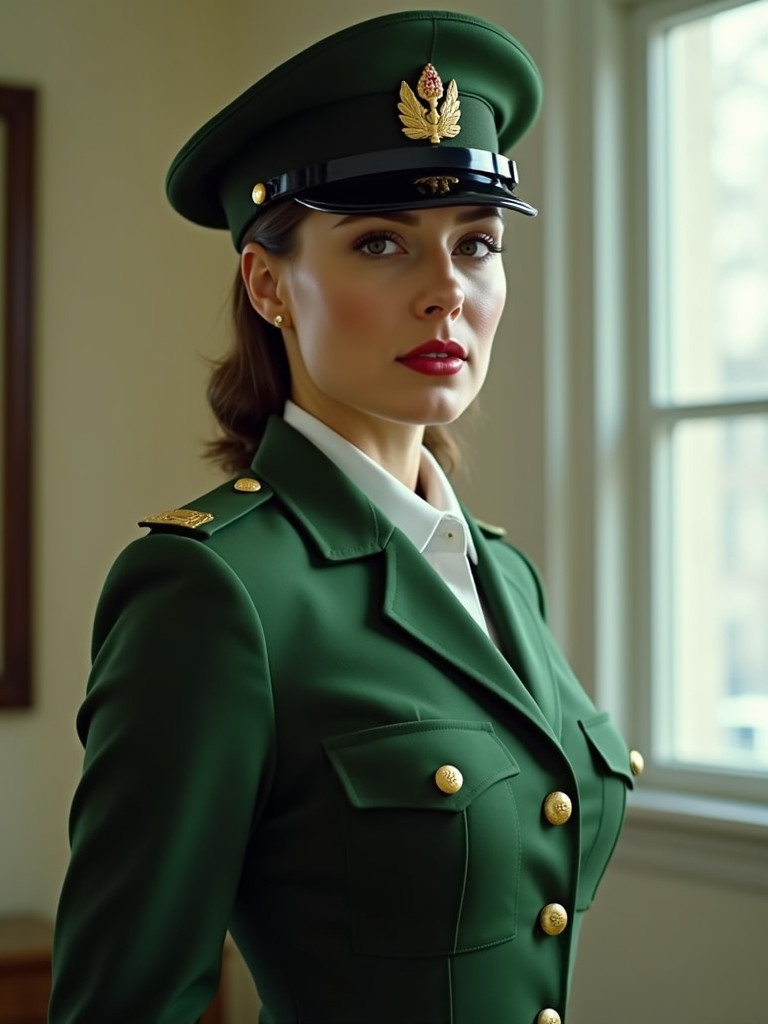 A woman stands in a green military-style uniform. The uniform includes a cap and features a blend of authority and style. She is positioned indoors near a window.