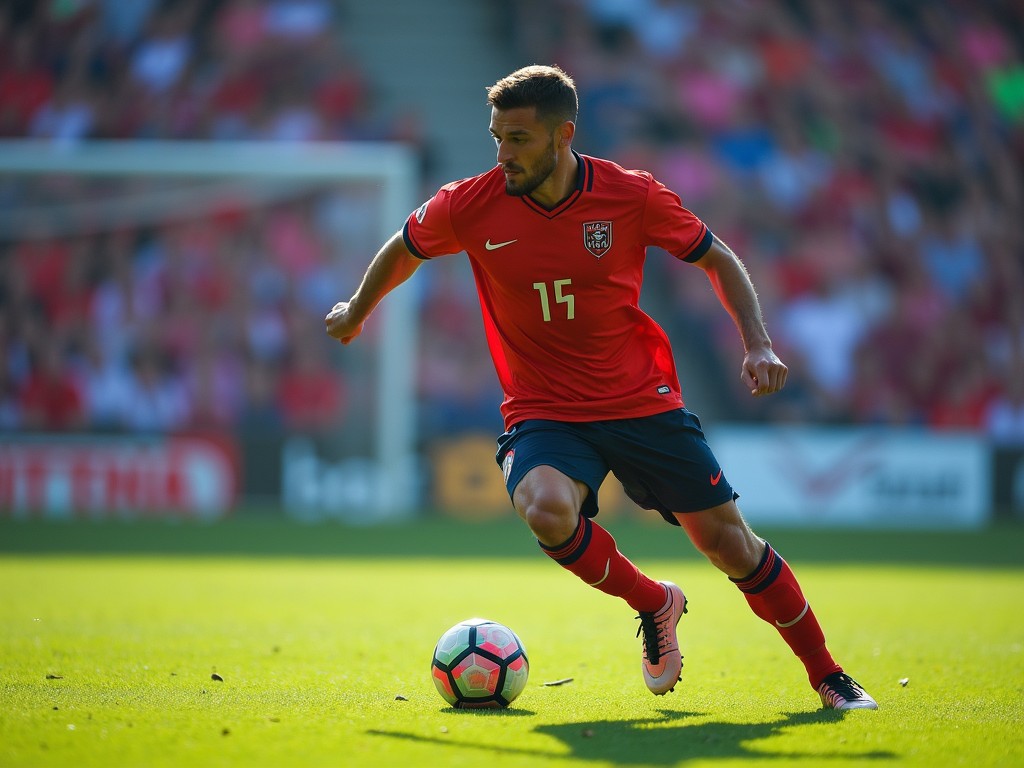 A soccer player in a red uniform is captured mid-action on the field, demonstrating agility and control over the ball. The background shows a blurred crowd, highlighting the player's focus and movement. The image conveys energy, skill, and the spirit of competitive sports.