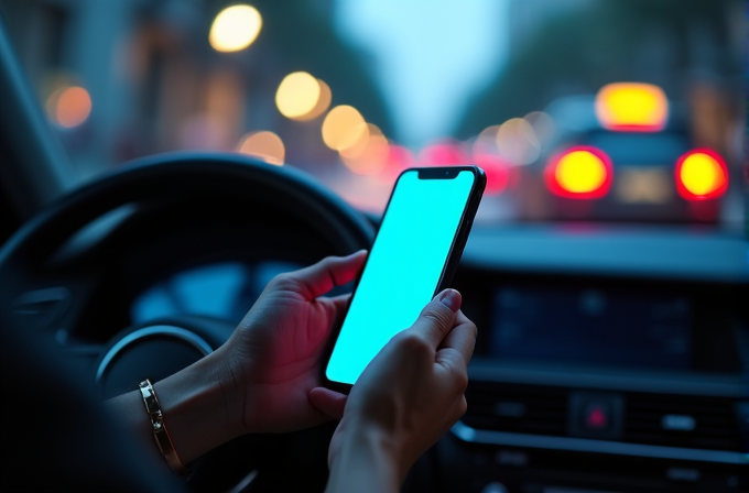 A person holds a smartphone with a brightly lit screen inside a car, as blurred city lights and traffic create a glowing backdrop through the windshield.