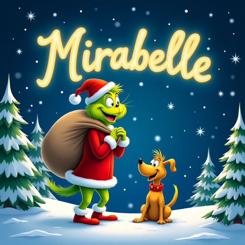 A snowy landscape with a cheerful Grinch and a dog named Max. Grinch writes 'Mirabelle' in glowing letters in the night sky. Grinch in a festive red outfit with a sack. Dog looks joyful. Deep blue sky with stars and falling snowflakes. Pine trees around them.