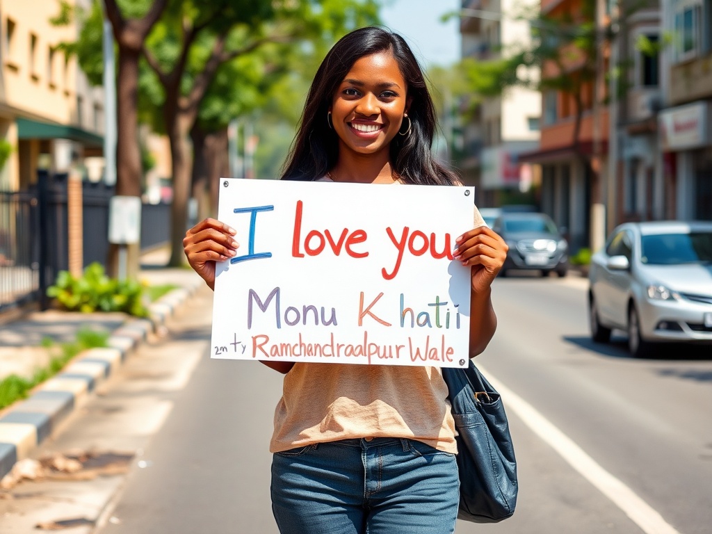 A woman stands on a street holding a sign that expresses love for someone.